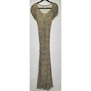 Vintage STARINA 90s Green Animal‎ Print Rayon Maxi Fit Flare Dress Size Medium